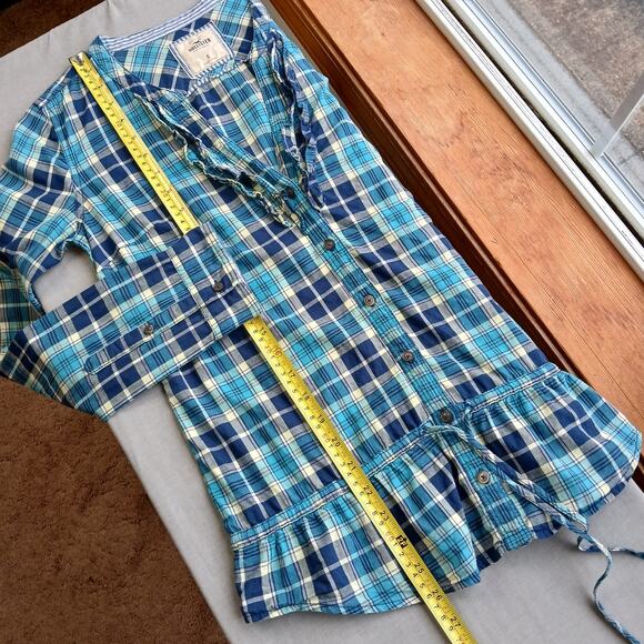 Hollister Plaid Ruffle Blouse Small long sleeve button up waist tie blue yellow - Picture 8 of 10